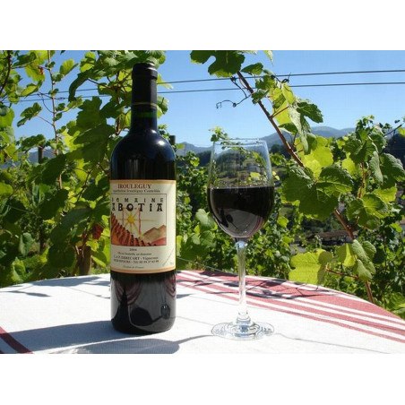 Bouteille de Vin Irouléguy rouge Domaine d'Abotia avec un verre de vin rouge