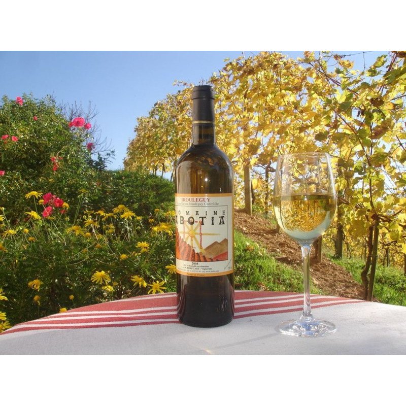 Bouteille et verre de Vin Irouléguy Blanc sec Domaine d'Abotia